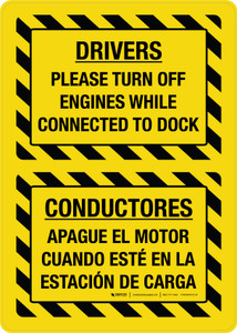 Drivers - Please Turn Off Engines While Connected To Dock Portrait Bilingual Spanish - Wall Sign