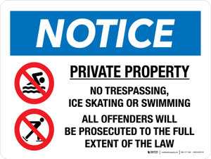 Notice: Private Property No Trespassing Ice Skating Swimming Landscape - Wall Sign