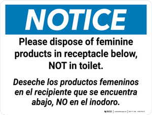 Please Dispose of Feminine Products in Receptacle Below, Not in Toilet Bilingual (Spanish) - Wall Sign