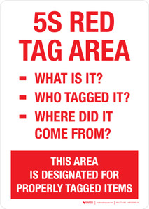 5S Red Tag Area - What Is It? Who Tagged It? Where Did It Come From? - Portrait Wall Sign