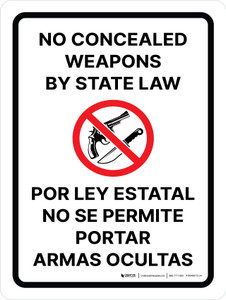 No Concealed Weapons By State Law Bilingual Spanish Portrait - Wall Sign
