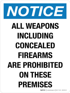 Notice: All Weapons Including Concealed Firearms Are Prohibited On These Premises Portrait - Wall Sign