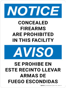 Notice: Concealed Firearms Are Prohibited In This Facility Bilingual Spanish Portrait - Wall Sign