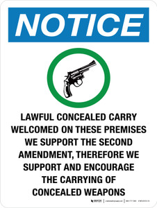 Notice: Lawful Concealed Carry Welcomed On These Premises Portrait - Wall Sign