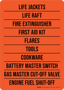 Life Jackets Life Raft Fire Extinguisher First Aid Kit Faleres Tools Cookware Portrait - Wall Sign
