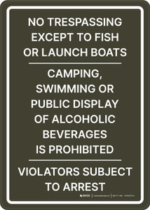 No Trespassing Except To Fish Or Launch Boats Camping Swimming Public Display of Alcohol Prohibited Portrait - Wall Sign