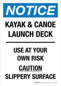 Notice: Kayak & Canoe Launch Deck Use At Your Own Risk Slippery Surface Portrait - Wall Sign