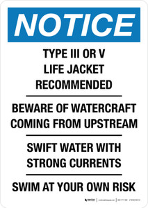 Notice: Type III or V Life Jacket Recommended Beware Of Watercraft Coming From Upstream Portrait - Wall Sign