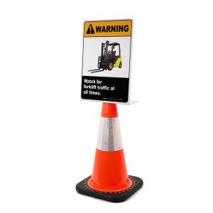 Warning: Watch for Forklift Traffic at All Times V2 Portrait - Single-Sided Cone Signs