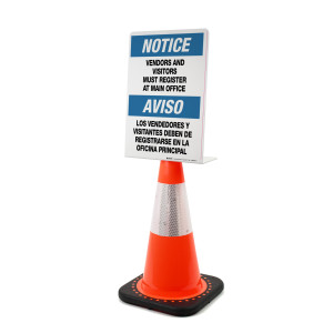 Notice: Vendors and Visitors Must Register at main Office Portrait - Single-Sided Cone Signs