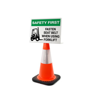 Safety First: Fasten Seat Belt When Using Forklift with Icon Landscape - Single-Sided Cone Signs