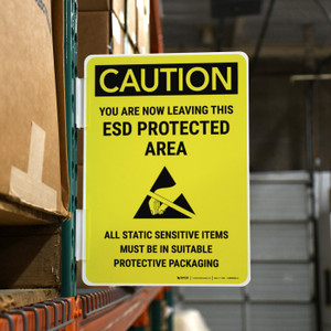 Caution: You Are Now Leaving This ESD Protected Area - Items Must be in Protective Packaging with Icon Portrait - Rack Mounted Sign