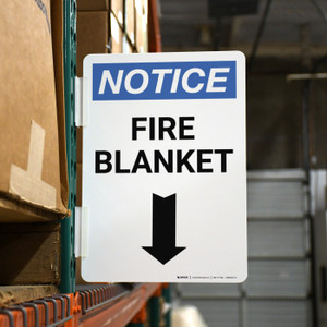 Notice: Fire Blanket Arrow Down Portrait - Rack Mounted Sign