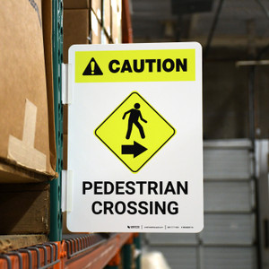Caution: Pedestrian Crossing with Icon Arrow Right Portrait - Rack Mounted Sign