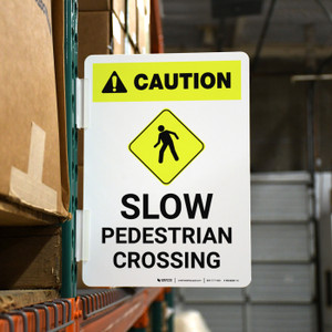 Caution: Slow Pedestrian Crossing with Icon Portrait - Rack Mounted Sign