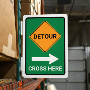 Detour with Arrow Right - Cross Here Portrait - Rack Mounted Sign