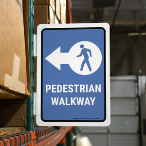 Pedestrian Access Route with Icon Arrow Left Blue Portrait - Rack Mounted Sign