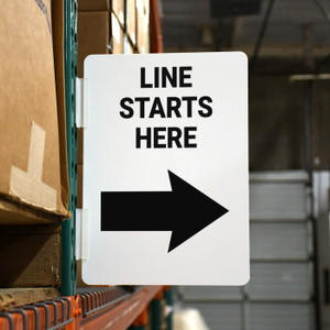 Line Starts Here Arrow Right Portrait - Rack Mounted Sign