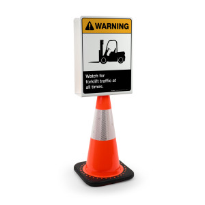 Warning: Watch for Forklift Traffic at All Times Portrait - Double-Sided Cone Sign
