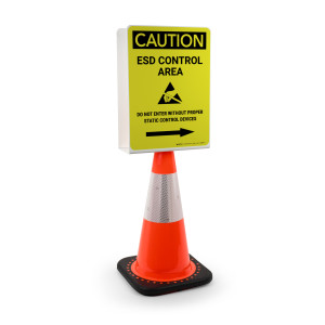 Caution: ESD Control Area - Do Not Enter Without Proper Device with Arrow Right Portrait - Double-Sided Cone Sign