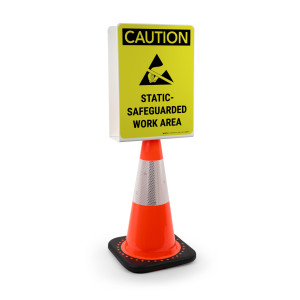 Caution: Static-Safeguarded Work Area with Icon Portrait - Double-Sided Cone Sign