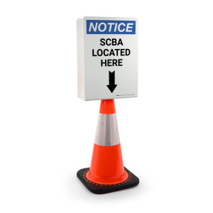 Notice: SCBA Located Here Arrow Down Portrait - Double-Sided Cone Sign
