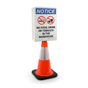 Notice: No Food, Drink, Or Tobacco in The Warehouse with Icon Portrait - Double-Sided Cone Sign