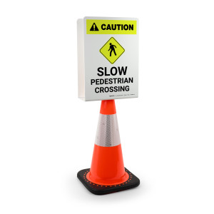 Caution: Slow Pedestrian Crossing with Icon Portrait - Double-Sided Cone Sign Caution: Slow Pedestrian Crossing with Icon Portrait - Double-Sided Cone Sign