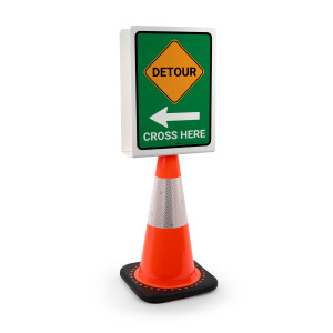 Detour with Arrow Left - Cross Here Portrait - Double-Sided Cone Sign