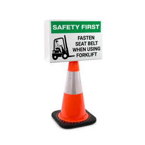 Safety First: Fasten Seat Belt When Using Forklift with Icon Landscape - Double-Sided Cone Sign