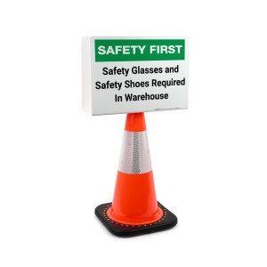 Safety First: Safety Glasses and Safety Shoes Requied in Warehouse Landscape - Double-Sided Cone Sign
