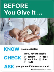 Before You Give It - Know, Check, Ask (Medication Safety) Portrait - Wall Sign