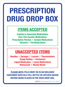 Prescription Drug Drop Box - Items Accepted VS Unaccepted Items Portrait - Wall Sign
