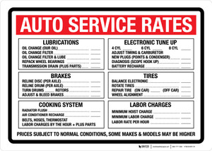 Auto Service Rates Landscape - Wall Sign