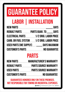 Guarantee Policy (Labor, Installation, Parts) Portrait - Wall Sign