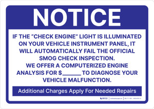 Notice: If Check Engine Light is Illuminated It Will Automatically Fail Smog Check Landscape - Wall Sign