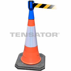 Tensabarrier Safety Crowd Control Blue Queue Cone Topper with 7.5' Black/Yellow Retractable Belt Tensabarrier Safety Crowd Control Blue Queue Cone Topper with 7.5' Black/Yellow Retractable Belt