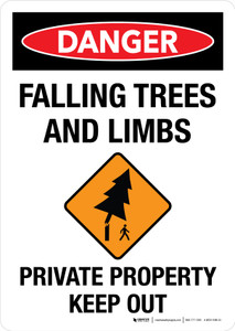 Danger: Falling Trees And Limbs Private Property Keep Out with Icon Portrait - Wall Sign
