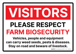 Visitors: Please Respect Farm Biosecurity - Vehicles, People And Equipment Can Carry Weed Seeds Landscape - Wall Sign