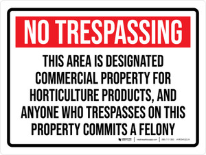 No Trespassers: This Area Is Designated Commercial Property For Horticulture Products Landscape - Wall Sign