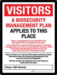 Visitors: A Biosecurity Management Plan Applies To This Place Portrait - Wall Sign Visitors: A Biosecurity Management Plan Applies To This Place Portrait - Wall Sign