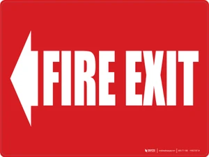 Fire Exit Text Red Arrow Left Landscape - Wall Sign