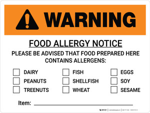 Warning: Food Allergy Notice - Food Prepared Here Contains Allergens Landscape - Wall Sign