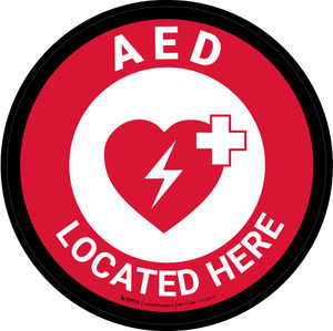 Automated External Defibrilator Located Here Red Circular - Floor Sign