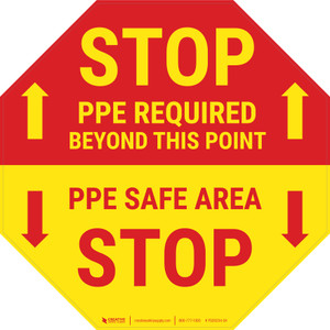 STOP: PPE Required Beyond This Point Arrows Mirrored Stop Sign - Floor Sign