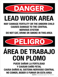 Danger: Lead Work Area May Damage Fertility Or The Unborn Child Causes Damage To The Central Nervous System Bilingual Spanish Portrait - Wall Sign