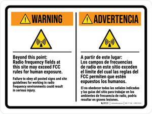 Warning: Beyond This Point Radio Frequency Fields At This Site May Exceed FCC Rules For Human Exposure Bilingual Landscape - Wall Sign