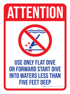 Attention: Use Only Flat Dive Or Forward Start Dive Into Waters Less Than Five Feet Deep with Icon Portrait - Wall Sign