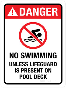 Danger: No Swimming Unless Lifeguard Is Present On Pool Deck with Icon Portrait - Wall Sign