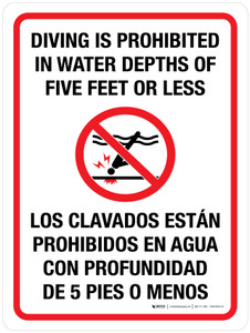 Diving Is Prohibited In Water Depths Of Five Feet Or Less Bilingual with Icon Portrait - Wall Sign